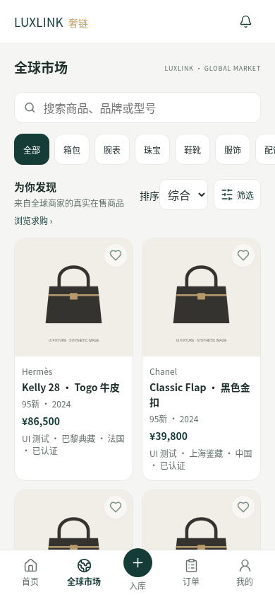 LUXLINK 全球市场产品界面示例,示例数据 / Global market, product interface example with sample data
